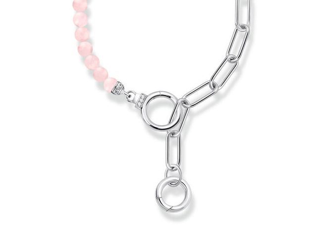 Gliedercollier von Thomas Sabo mit Rosenquarz-Perlen in Rosa-Pink, Silberne Anhänger und Zirkonia-Details, stilvolles Design, ideal für einen eleganten Look.