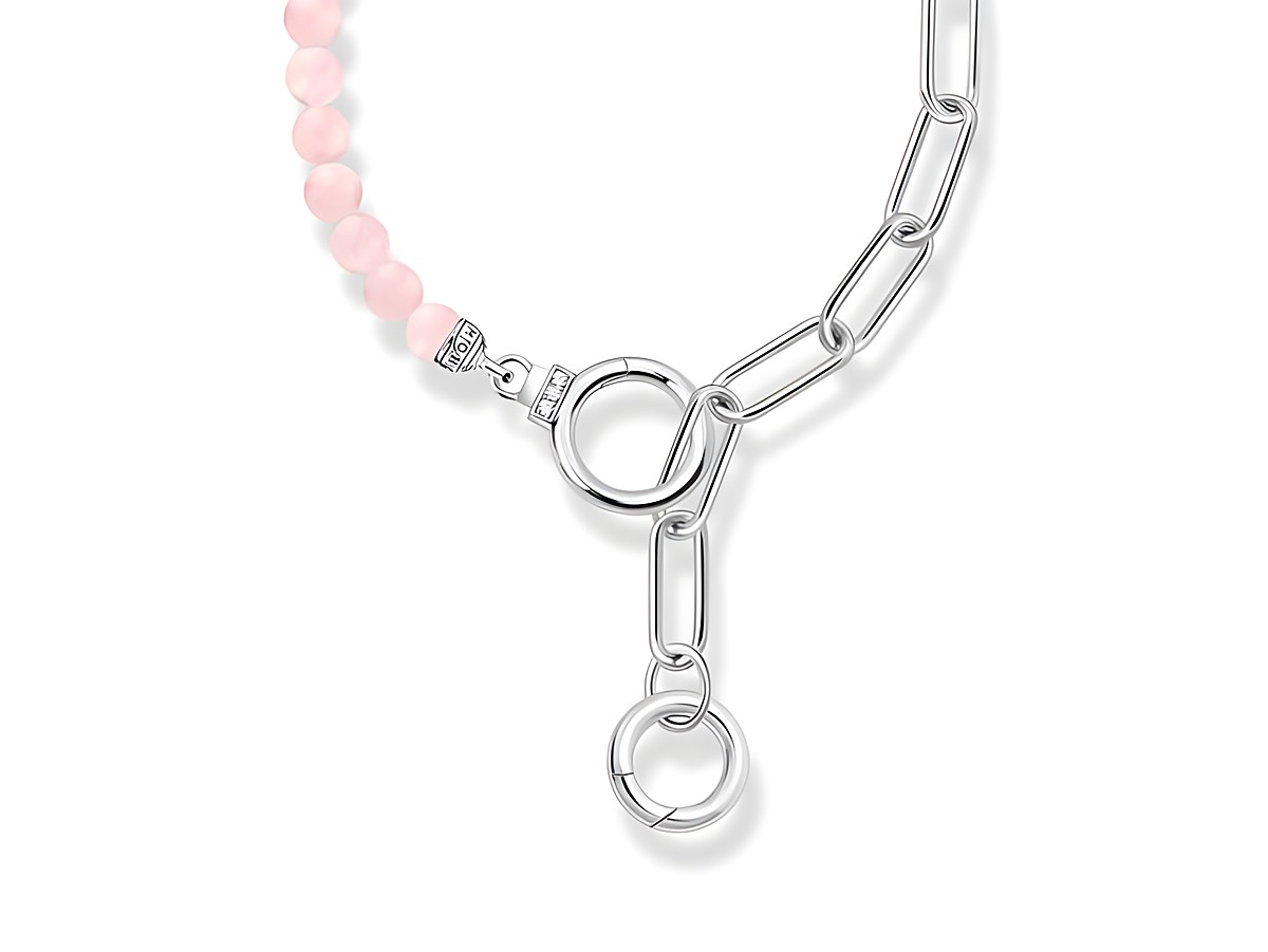 Gliedercollier von Thomas Sabo mit Rosenquarz-Perlen in Rosa-Pink, Silberne Anhänger und Zirkonia-Details, stilvolles Design, ideal für einen eleganten Look.