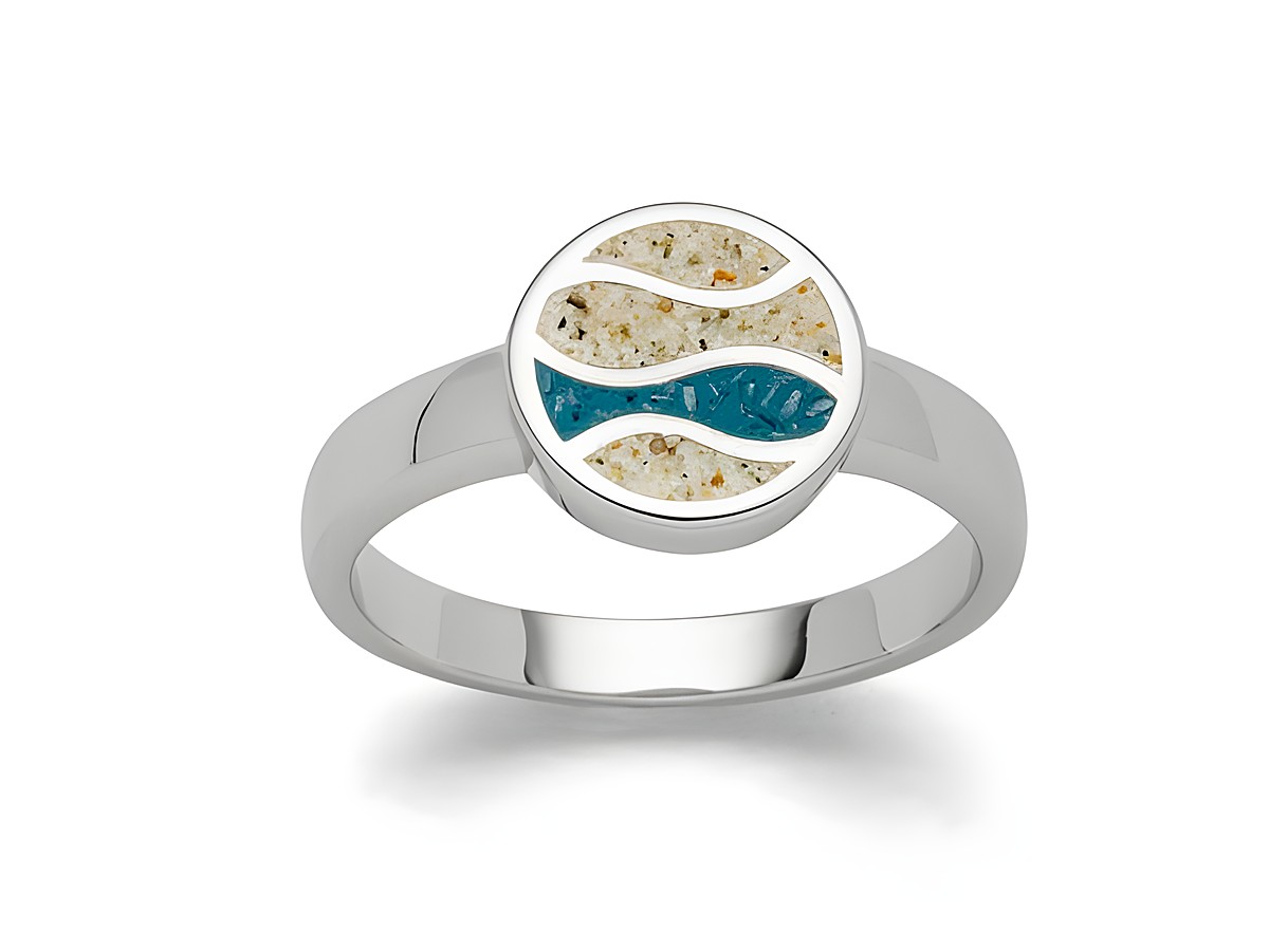 Sterling Silber Ring von DUR mit Wellenmuster, kombiniert aus Strandsand und blauem Steinsand, Größe 56, elegant und modern, ideal für jeden Anlass.