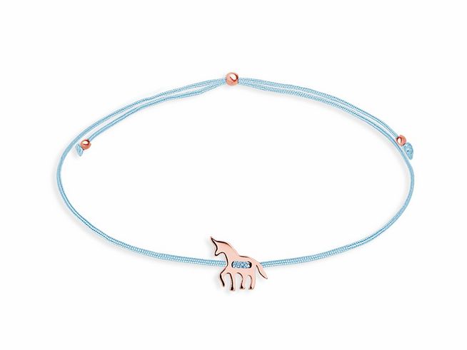 27000727-0 Xenox Sterling Silber Armband XS1684R CRAZY DAISY in Roségold Vergoldung mit einem filigranen Einhornanhänger auf einem zarten blauen Band, ideal für kreative Schmuckliebhaber.