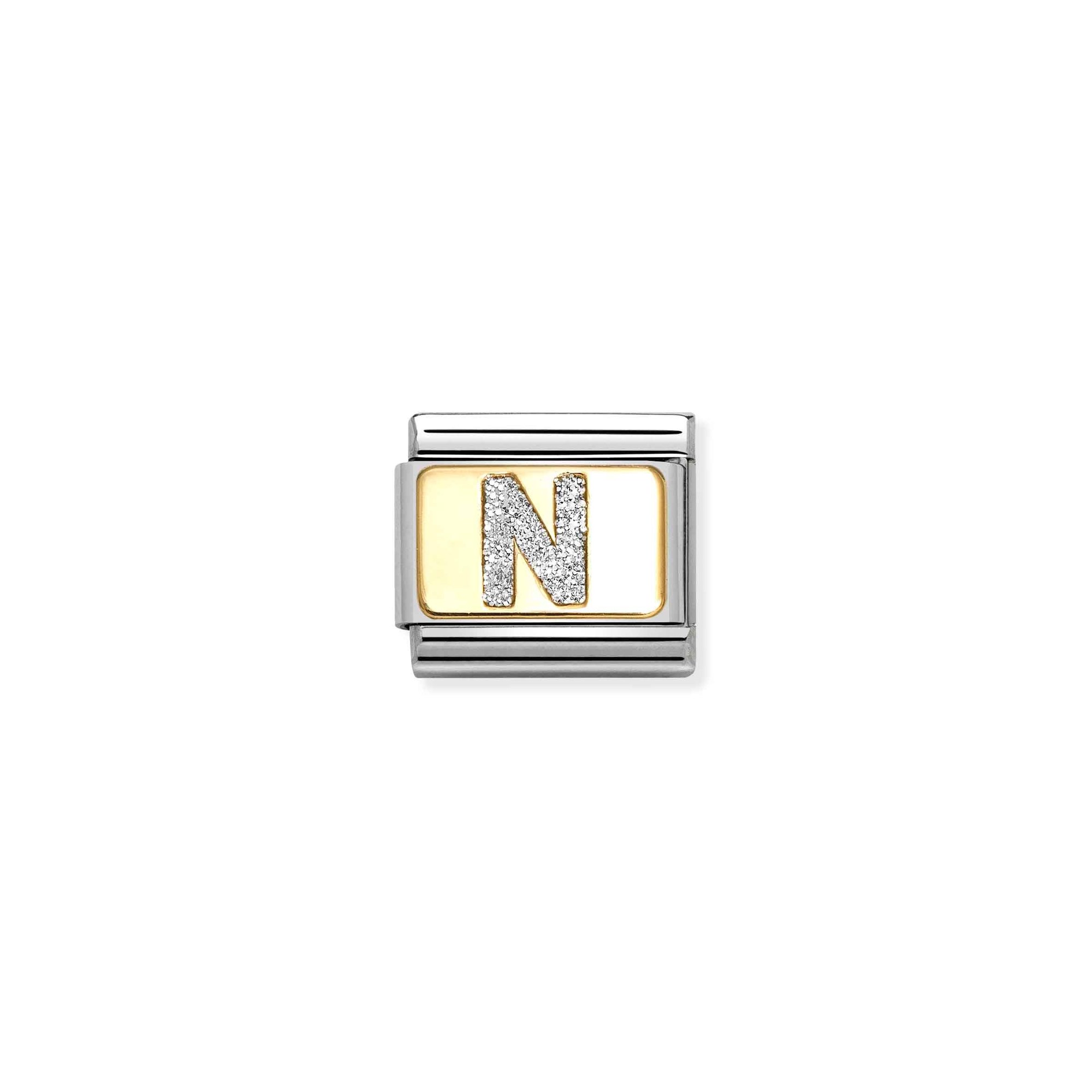 Nomination Composable Classic Charm Buchstabe N Silberglitzer - Edelstahl, Gold 750, Emaille