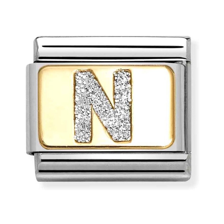 Nomination Composable Classic Charm Buchstabe N Silberglitzer - Edelstahl, Gold 750, Emaille