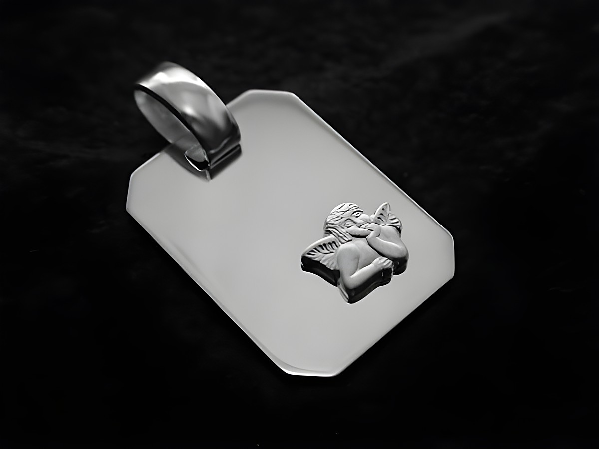 Engel Gravurplatte aus Sterling Silber mit einem süßen Schutzengel-Motiv, hergestellt von Juwelier Harnisch, ideal als elegantes Schmuckstück oder Geschenk.