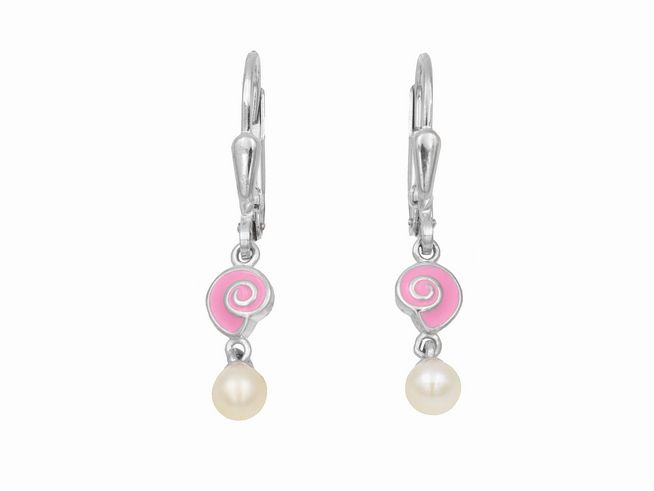 305221-0 Ohrhänger in Muschelform mit einer Süßwasserperle, aus poliertem rhodiniertem Sterling Silber, mit pinkem Lack, ideal für Kinder, Hersteller Juwelier Harnisch.