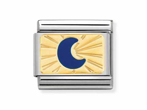 Edelstahlarmband mit Emaille und 18Kt Gold, auf dem ein blauer Mond auf goldenem Hintergrund mit strahlenden Linien abgebildet ist, aus der Composable Classic Cosmo Edition von Nomination.