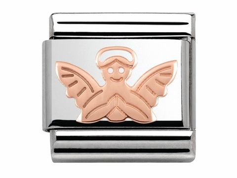 Roségoldenes Engel-Symbol mit gefalteten Flügeln und lächelndem Gesicht auf einem silbernen Hintergrund, Hersteller: Nomination, Modellnummer 430104 14 - Classic - Engel - SYMBOLE.
