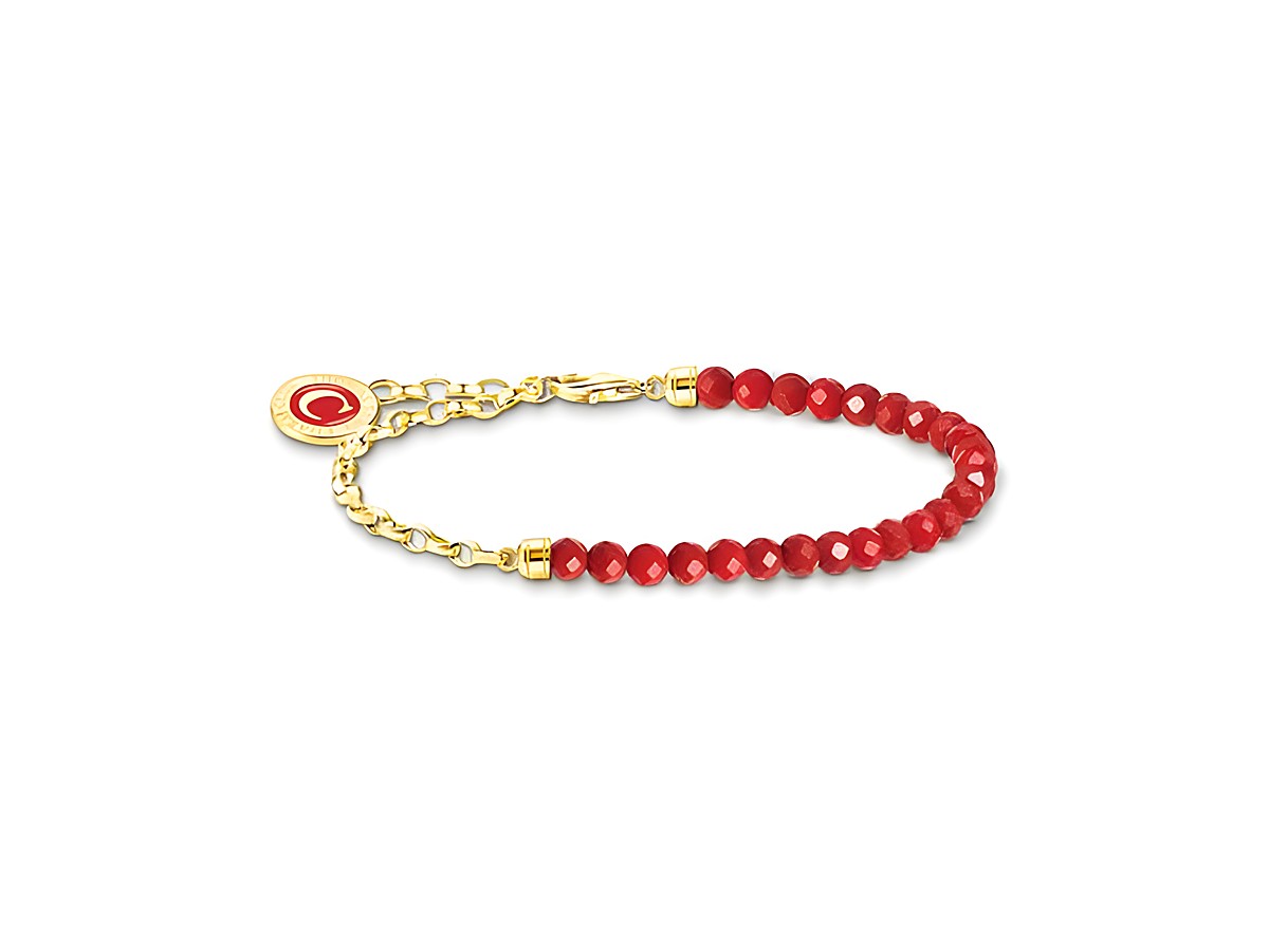 Silbernes Armband von Thomas Sabo mit roten Kaltemail-Gliedern und goldfarbener Verzierung, Länge von 12 bis 15 cm, elegantes Design für stilvolle Akzente.
