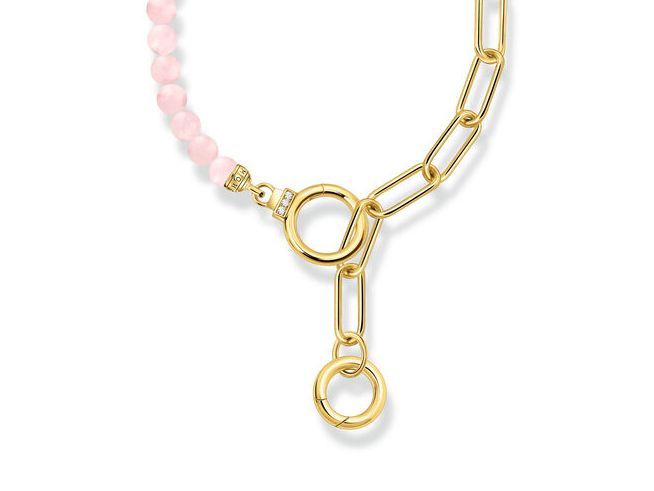 Kette aus Gliedern und Rosenquarz-Perlen in Rosa-Pink, verziert mit Zirkonia, aus Silber mit vergoldeten Elementen, elegantes Design von Thomas Sabo.