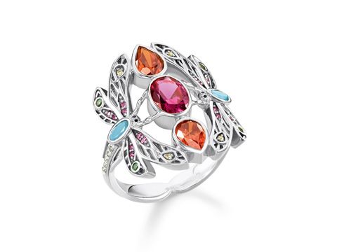 Mehrfarbiger Ring mit Libellenmotiv von Thomas Sabo, verziert mit bunten Edelsteinen in verschiedenen Formen und Farben, Größe 48.