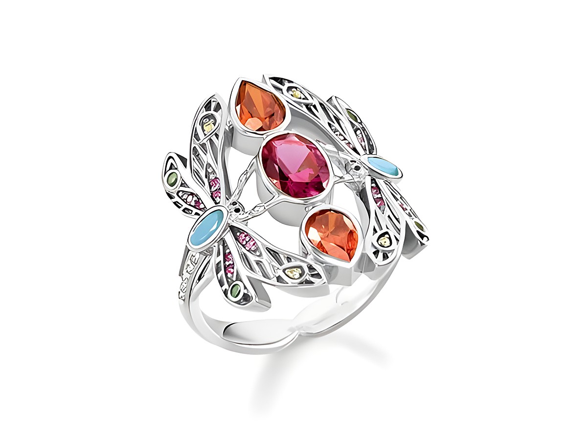 Mehrfarbiger Ring mit Libellenmotiv von Thomas Sabo, verziert mit bunten Edelsteinen in verschiedenen Formen und Farben, Größe 48.