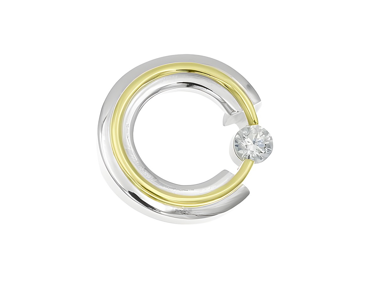 Schwebender Kreis aus Sterling Silber mit Gelbgold Vergoldung und glitzerndem Stein, hergestellt von Juwelier Harnisch, vielseitiges und elegantes Design für jeden Anlass.