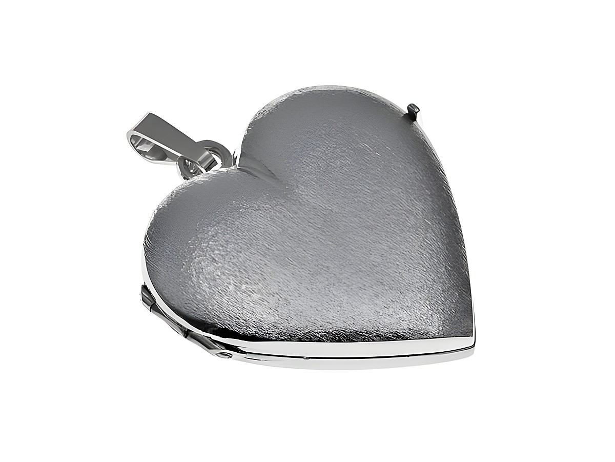 Großes rhodiniertes Silbermedaillon in Herzform, glänzende Oberfläche und praktischer Anhänger, Hersteller Juwelier Harnisch, ideal als Geschenk oder persönlicher Schmuck.