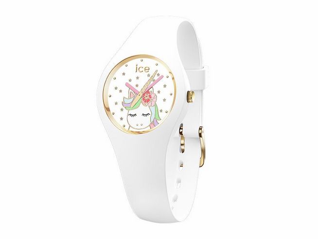 Weiße Ice-Watch ICE fantasia Einhorn Unicorn mit goldenen Akzenten, süßem Einhorn-Design auf dem Ziffernblatt, für extra kleine Handgelenke geeignet, von Ice Watch, Neuheit.