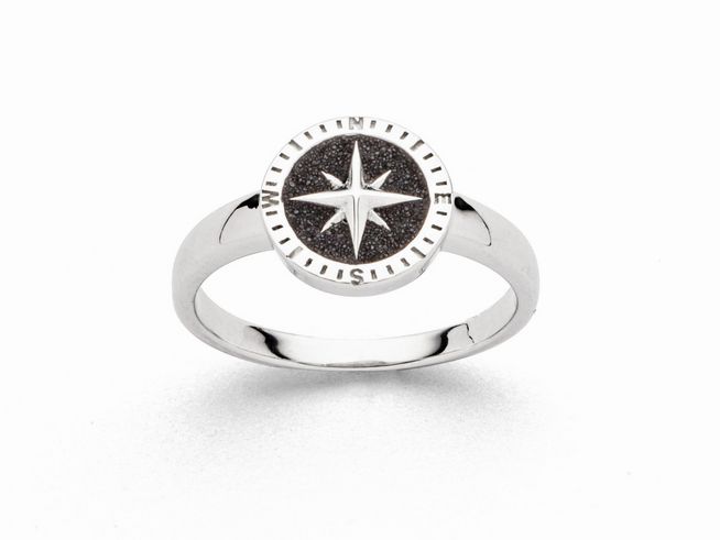 Sterling Silber Ring in rhodiniertem Finish mit einem Kompass-Motiv und Lavasand in der Mitte, Größe 54, Hersteller DUR, elegantes Design für stilbewusste Träger.