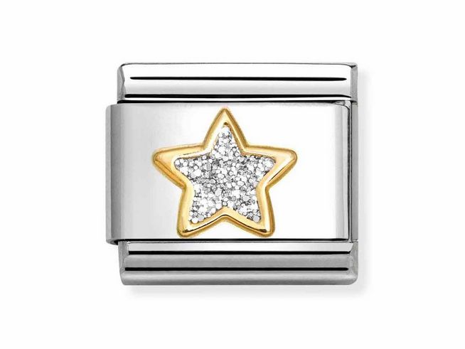 Stern aus Emaille in Gelbgold mit glitzernden Elementen auf einem silbernen Edelstahlband, Hersteller Nomination, Modell 030220 19 Classic.