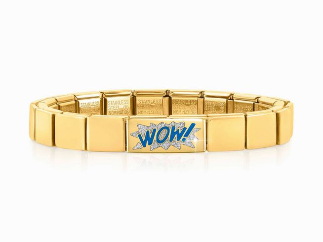 Edelstahl Armband von Nomination in Gelbgold mit einem auffälligen WOW Motiv in der Mitte, klassisches Design mit doppelter Gliederung. Perfekt für modische Akzente.