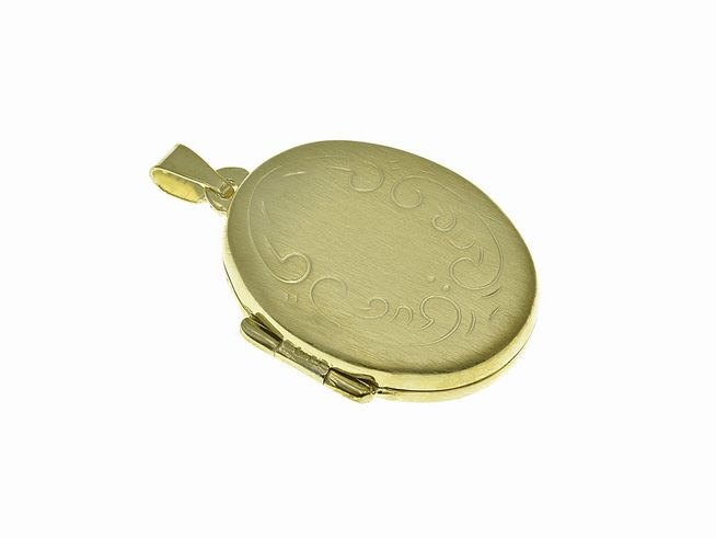 Oval dezentes Sterling Silber vergoldetes Medaillon, mattiert, mit feinen Verzierungen, Hersteller: Juwelier Harnisch, vergoldet in Gelbgold.