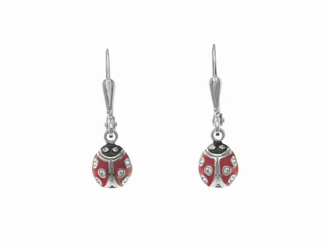 Ohrhänger aus Sterlingsilber in Marienkäferform, poliert und rhodiniert, verziert mit Zirkonia und pink-schwarzem Lack, geeignet für Kinder, Hersteller: Juwelier Harnisch.