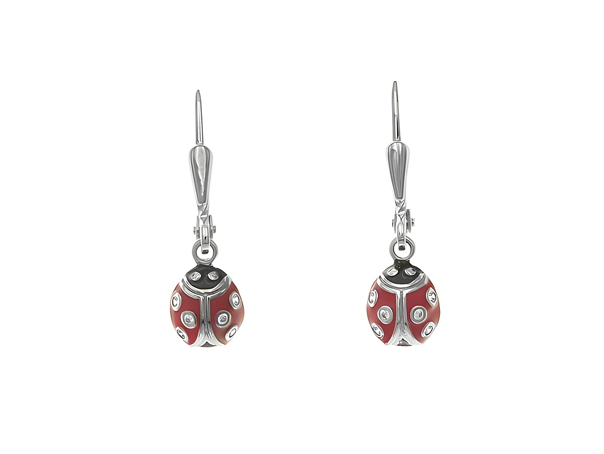 Ohrhänger aus Sterlingsilber in Marienkäferform, poliert und rhodiniert, verziert mit Zirkonia und pink-schwarzem Lack, geeignet für Kinder, Hersteller: Juwelier Harnisch.