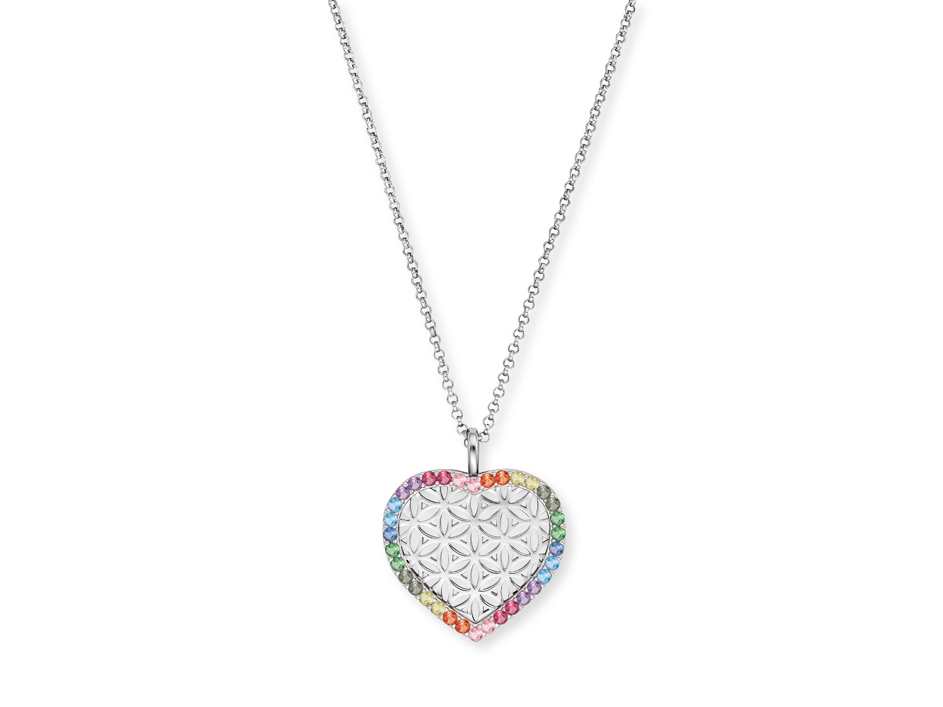 Eine Silberkette mit einem herzförmigen Anhänger, verziert mit multicolor Zirkonia. Der Anhänger zeigt ein Muster und hat eine rhodinierten Oberfläche. Gesamtlänge der Kette beträgt 42 cm.
