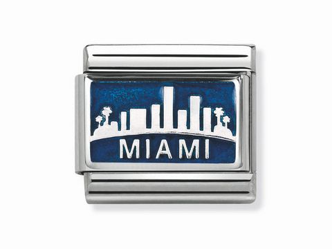 Plättchen von Nomination mit dem Motiv Skyline Miami in Silber. Das Design zeigt die Silhouette der Stadt und ist ideal für Schmuckliebhaber.
