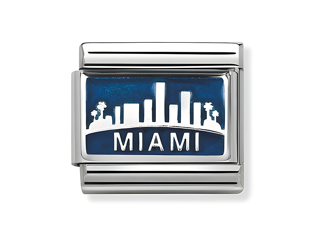 Plättchen von Nomination mit dem Motiv Skyline Miami in Silber. Das Design zeigt die Silhouette der Stadt und ist ideal für Schmuckliebhaber.