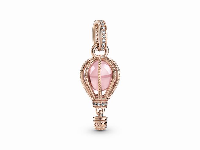 Funkelnder rosa Heißluftballon-Anhänger aus Pandora Rosé 789434C01 mit Steinmix, verziert mit glänzenden Elementen und einer rosa Kuppel, ideal für charmanten Schmuck.