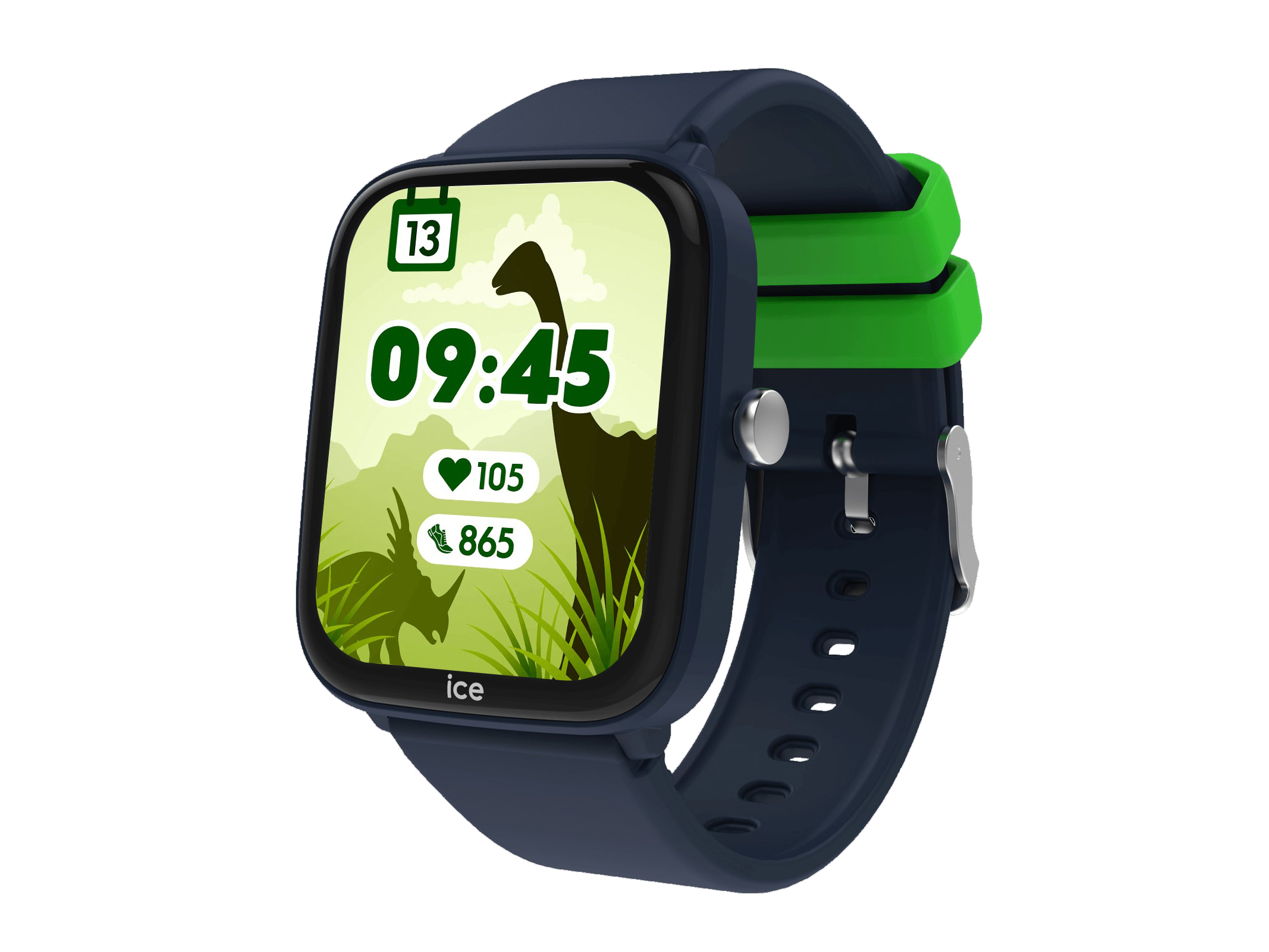ICE Watch 024295 ICE smart junior 3.0 Smartwatch in Blau mit 1.75 Zoll Display, zeigt ein Dinosaurier-Motiv, Zeit und Fitnessdaten, ausgestattet mit grünem Armband, Hersteller Pandora.