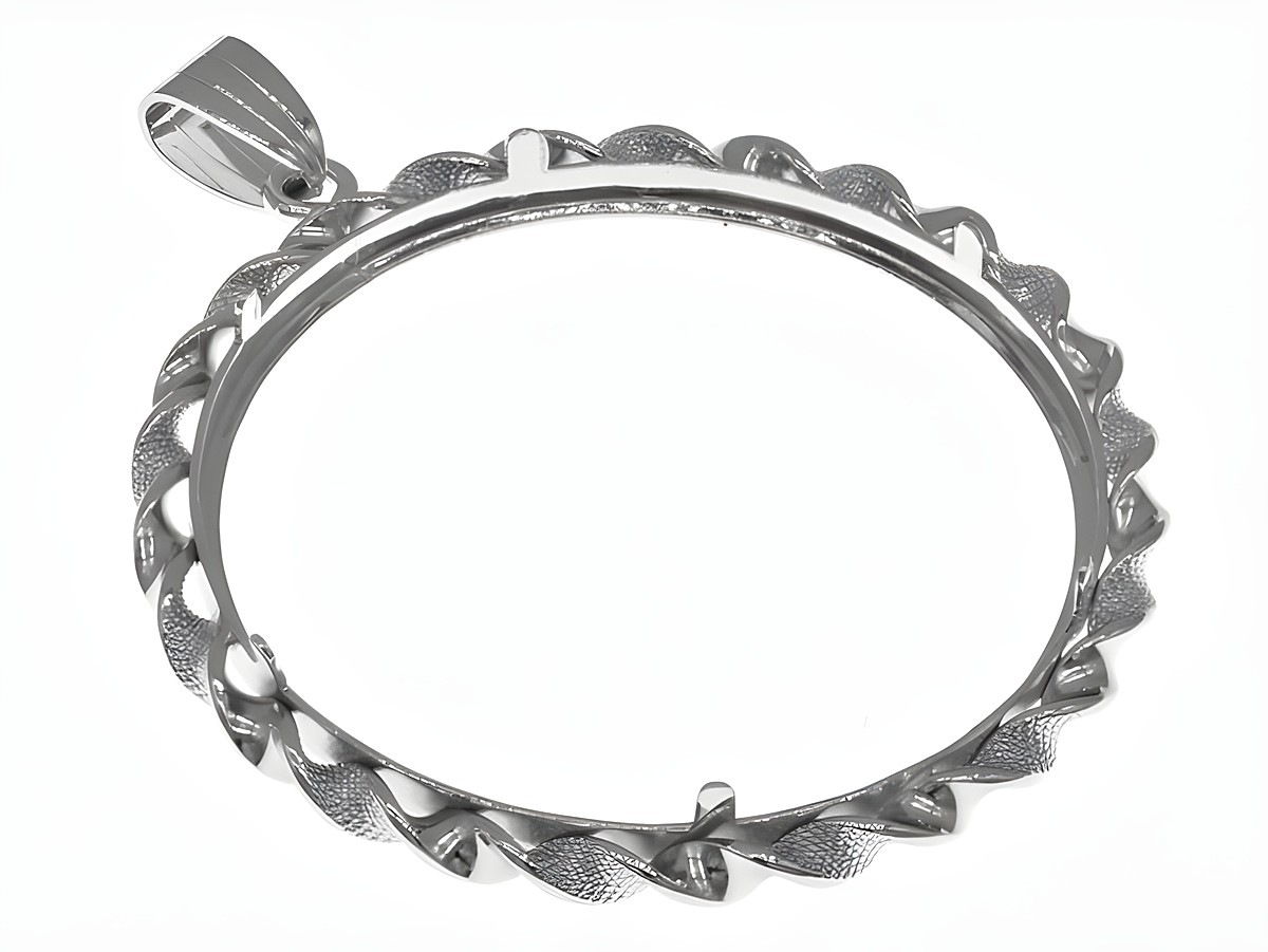 Münzfassung Anhänger aus rhodiniertem 925 Sterling Silber mit einer maximalen Durchmesseröffnung von 39 mm für Münzen, gefertigt von Juwelier Harnisch, geeignet bis 4,0 cm Münzen. – Ansicht 3