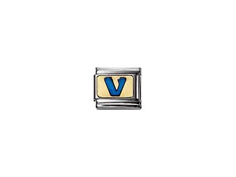 Classic Buchstabe BLAU emailliert V 03020122 von Nomination, leuchtend blauer Buchstabe "V" auf goldenem Hintergrund, eingefasst in silberfarbenem Metall. Ideal für persönliche Armbänder.