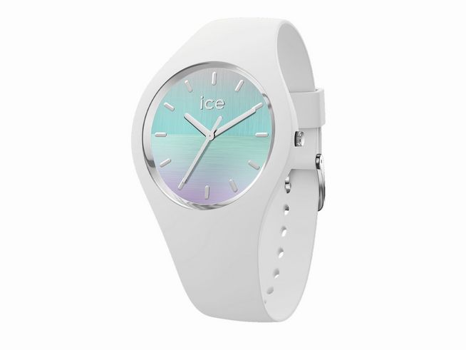 Die Ice Watch ICE horizon Turquoise Medium 021357 zeigt ein elegantes, minimalistisches Design mit einem weißen Armband und einem farbverlaufenden Zifferblatt in Türkis und Lila.