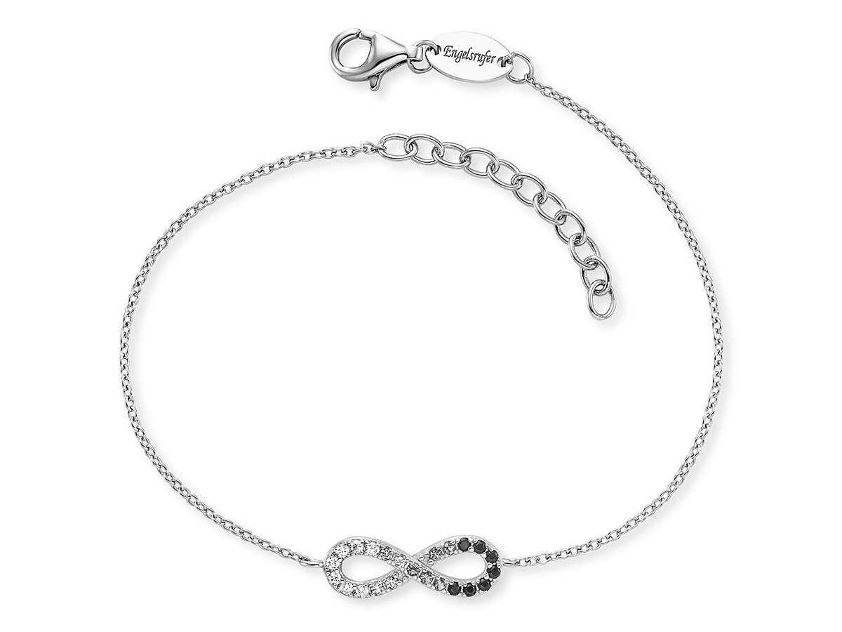 Silbernes Engelsrufer Armband mit Zirkonia und unendlichem Symbol, verstellbare Länge von 17 cm plus 3 cm, elegantes Design, ideal als Geschenk oder für den eigenen Stil.