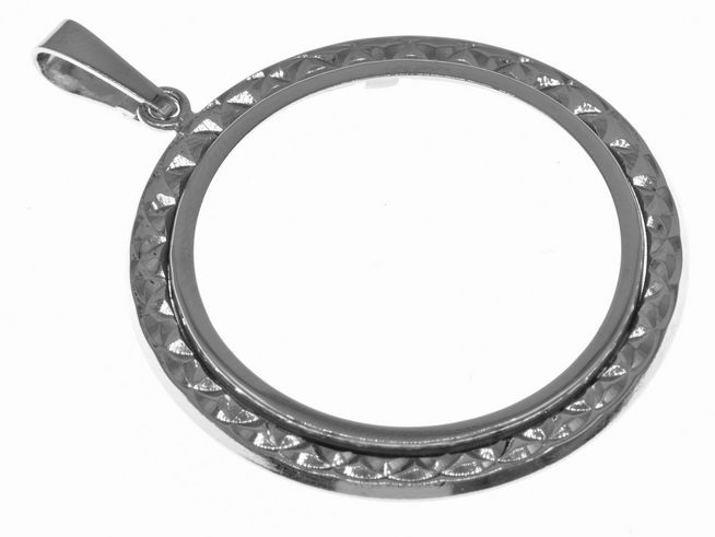 Münzfassung Anhänger aus echtem Silber mit rhodinierter Oberfläche und Diamantschliff, Durchmesser für Münzen bis 3,0 cm, Hersteller Juwelier Harnisch, elegante und hochwertige Ausführung.