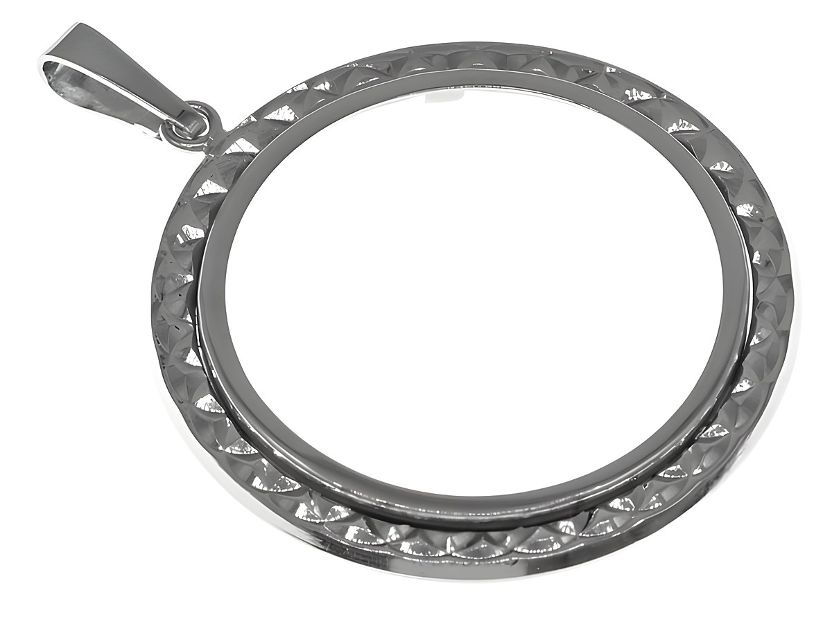 Münzfassung Anhänger aus echtem Silber mit rhodinierter Oberfläche und Diamantschliff, Durchmesser für Münzen bis 3,0 cm, Hersteller Juwelier Harnisch, elegante und hochwertige Ausführung.