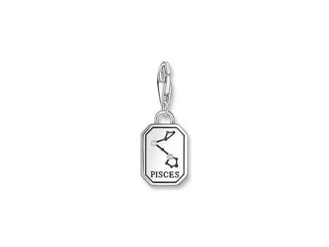 Charm-Anhänger von Thomas Sabo für das Sternzeichen Fische aus geschwärztem Silber mit Zirkonia, gestaltet in Form einer rechteckigen Plakette und beschriftet mit PISCES.