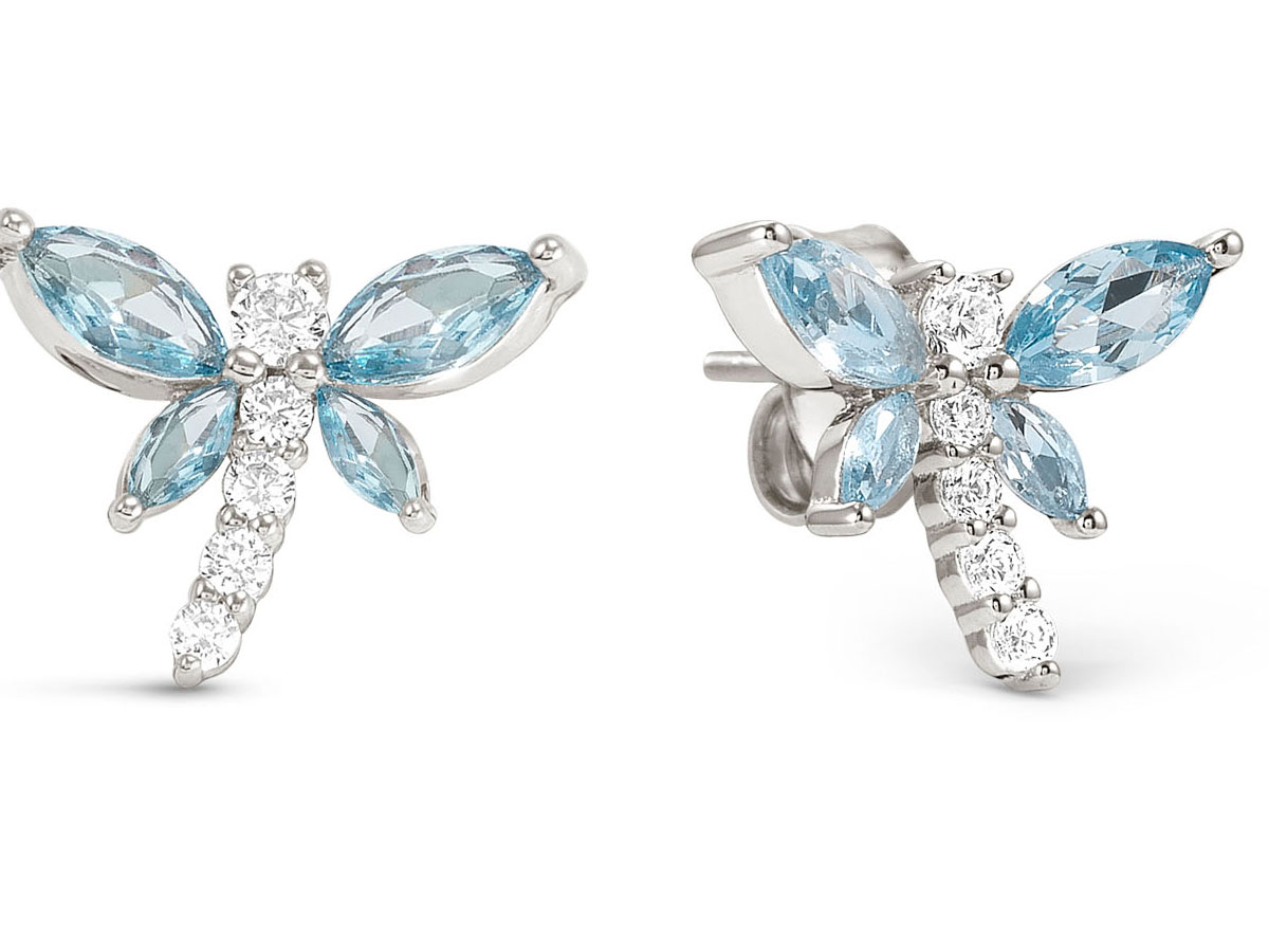 Elegante Ohrstecker in Form einer Libelle aus Sterling Silber, verziert mit Zirkonia in Weiß und Hellblau, strahlen feminin und verspielt, ideal für besondere Anlässe.