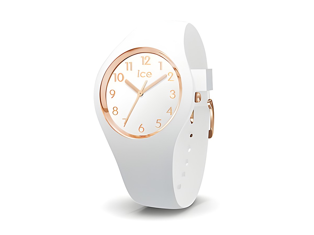 Die Ice-Watch ICE glam extended White Roségold Numbers Extra Small 015343 zeigt ein elegantes, weißes Zifferblatt mit roségoldenen Zahlen und einem schlichten Armband.