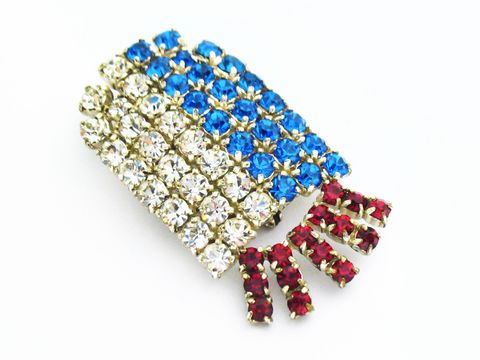 Damen Designer Brosche Sexy City Look Einzelstück von Juwelier Harnisch aus Strass in Blau, Weiß und Rot, ideal für stilvolle Akzente. Verfügbar in weiteren Farben.