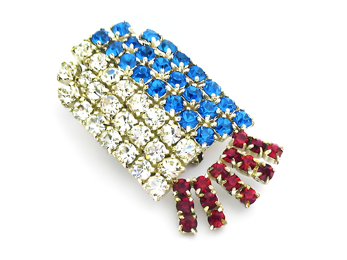 Damen Designer Brosche Sexy City Look Einzelstück von Juwelier Harnisch aus Strass in Blau, Weiß und Rot, ideal für stilvolle Akzente. Verfügbar in weiteren Farben.