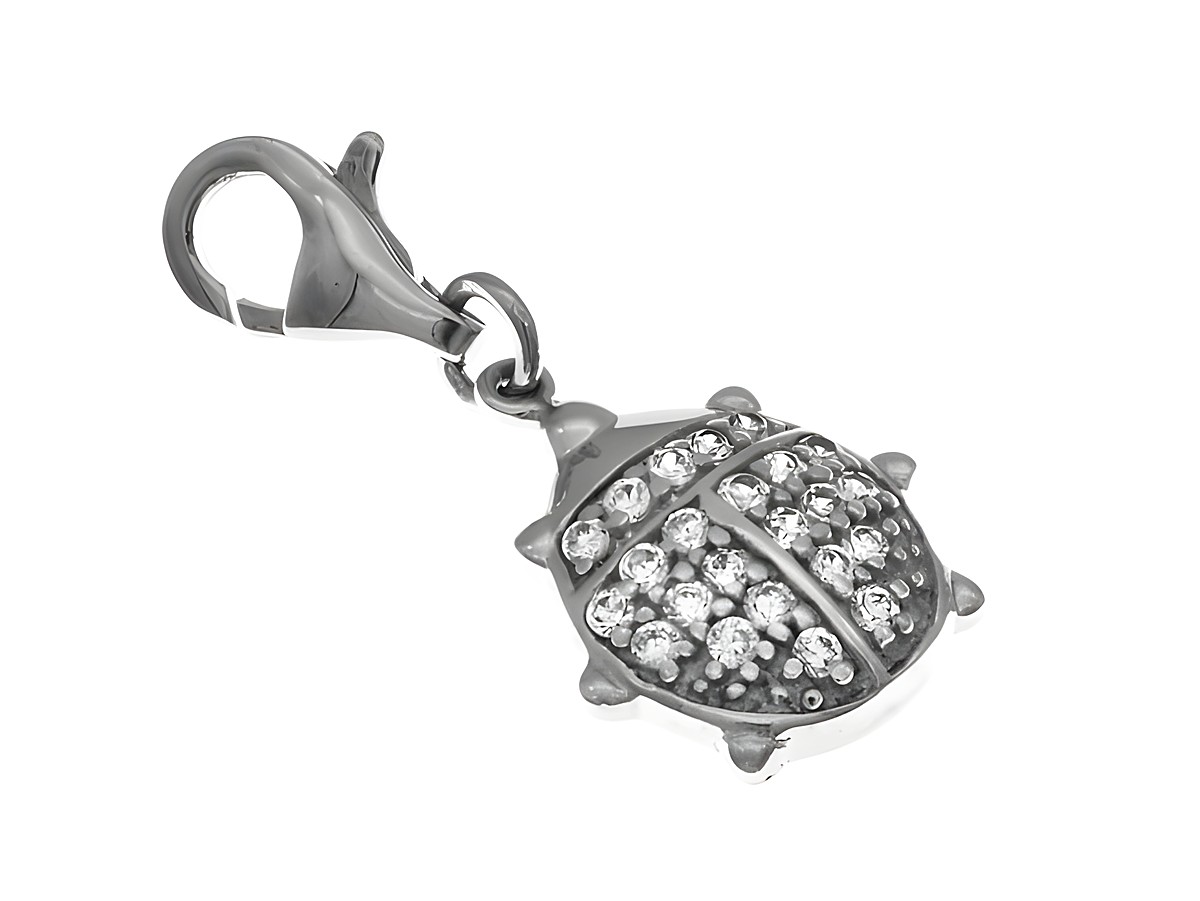 Silber rhodinierter Anhänger in Form eines Marienkäfers, besetzt mit weißen Zirkonia, als Glücksbringer gestaltet, hochwertiger Schmuck des Herstellers Juwelier Harnisch.