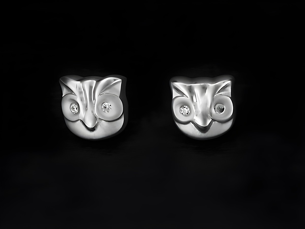 Silberne Ohrstecker in Eulenform teilmattiert mit rhodinierten Oberflächen und Zirkonia-Steinen, hergestellt von Juwelier Harnisch, ideal für jeden Anlass.