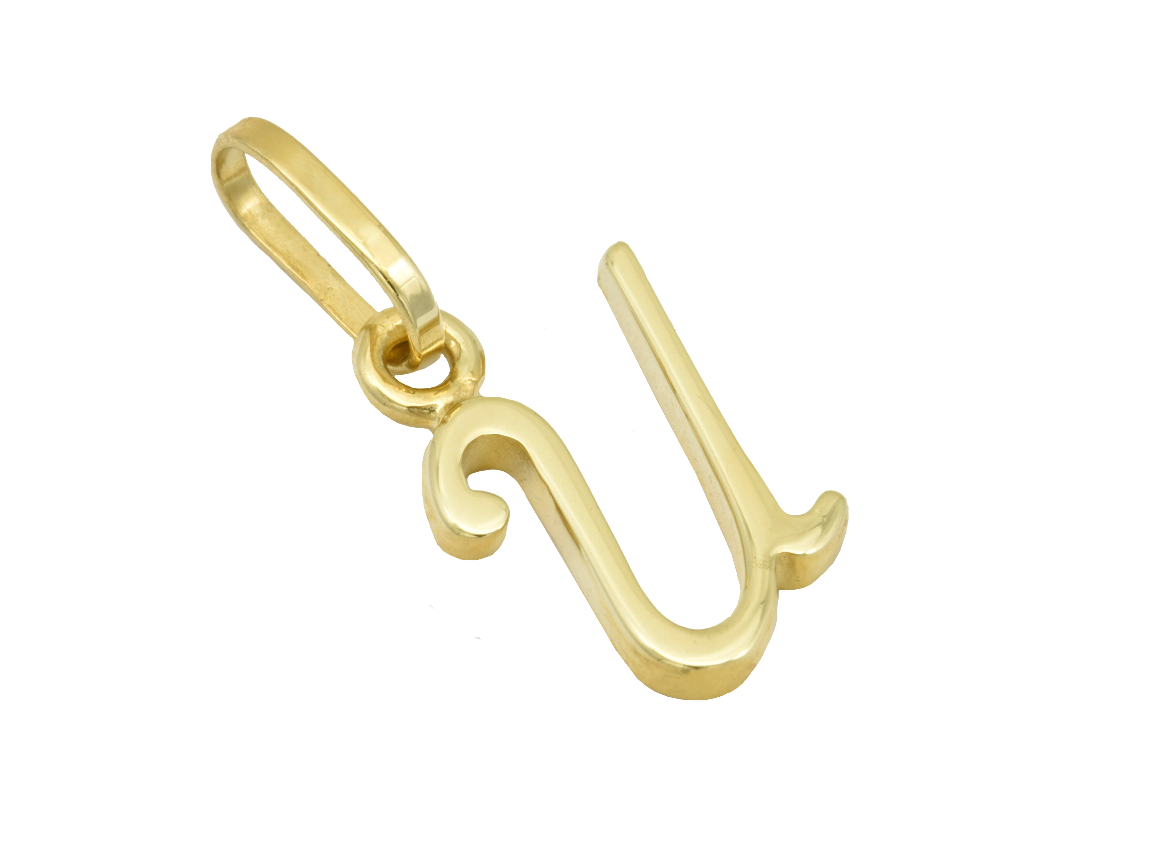Buchstabenanhänger U aus Gelbgold 750, poliert, glänzende Oberfläche, filigranes Design, von Juwelier Harnisch, ideal als persönliches Schmuckstück oder Geschenk.