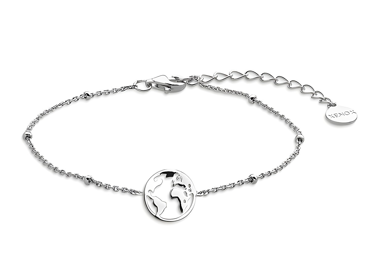 Xenox Sterling Silber Armband XS2986 mit Ankerkette, Weltkugel-Design, verstellbare Länge von 15 bis 18,5 cm, ideal für Modelle mit Wanderlust.