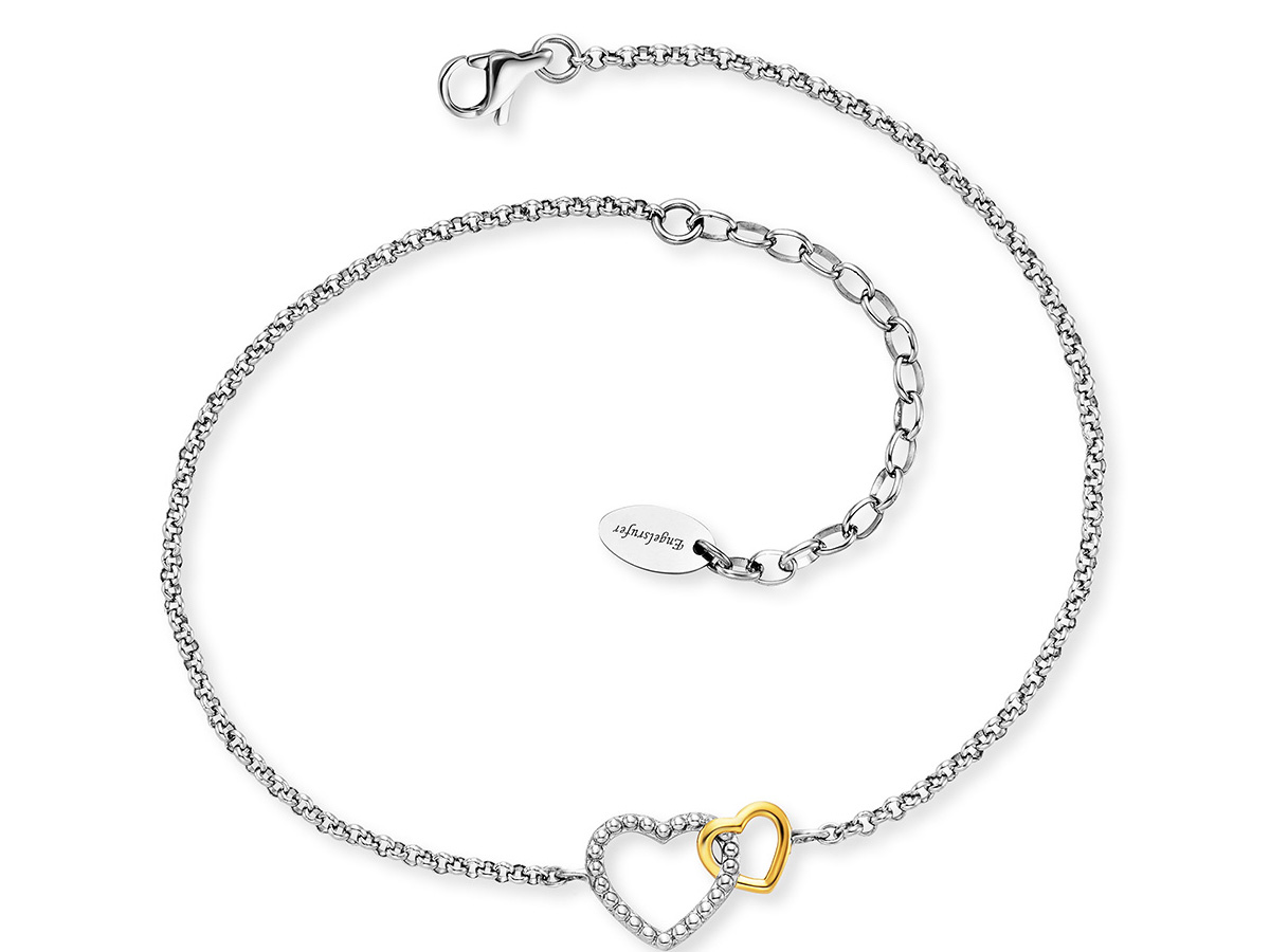Edelstahl Fußkette von Engelsrufer in Bicolor-Design mit einem großen Herz sowie einem kleineren Herz aus geschliffenem Edelstahl und Anhänger, verstellbar von 22 bis 27 cm.