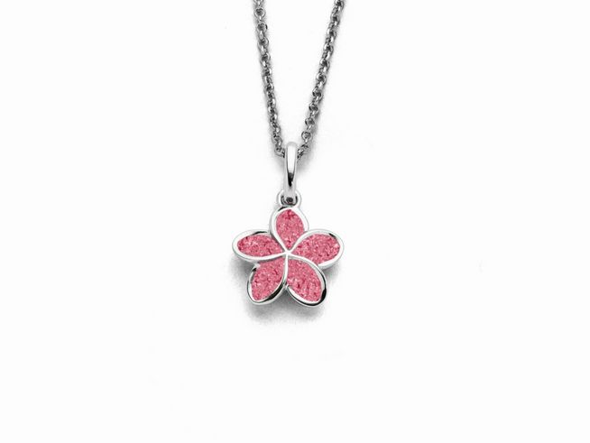 Sterling Silber Kette mit einer Plumeria Blüte als Anhänger, gefüllt mit rosa Steinsand, Länge 45 cm, elegantes und feminines Schmuckstück von DUR.