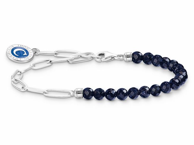 Silbernes Armband von Thomas Sabo mit dunkelblauen Emaille-Elementen und glitzernden Perlen, Länge von 14 bis 17 cm, elegantes Design mit Verzierung.