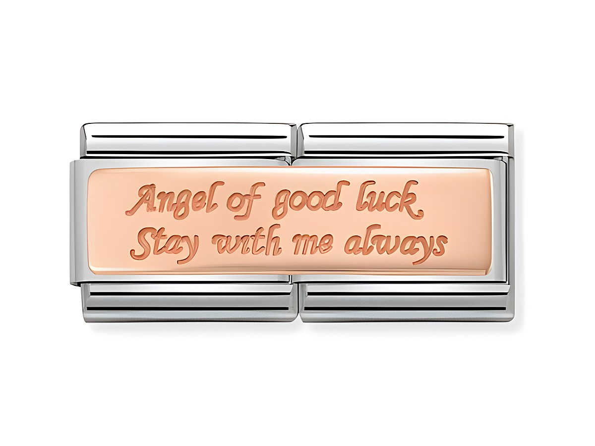 Gravur der Glücksengel Double Classic in Roségold mit den Worten Angel of good luck Stay with me always, Hersteller Nomination, Modellnummer 430710 12.