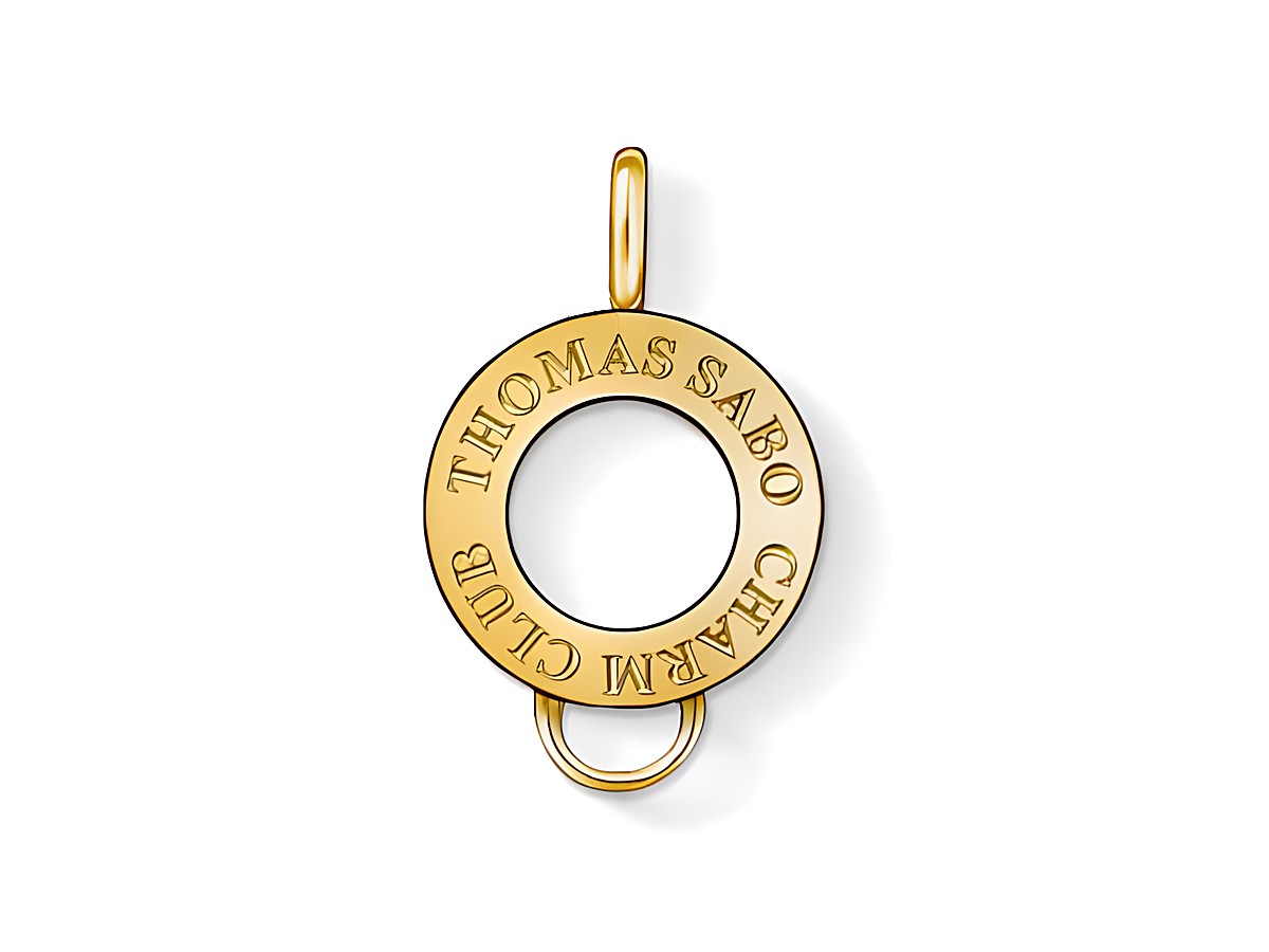 Charm Träger von Thomas Sabo in Silber mit vergoldeten Elementen, runder Anhänger mit eingravierter Aufschrift und einem zentralen Loch zur Befestigung von Charms.