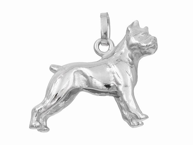 Hängender Hund in Form eines Boxers aus rhodiniertem Sterling Silber vom Juwelier Harnisch, ideal für Tierliebhaber und Schmuckenthusiasten.