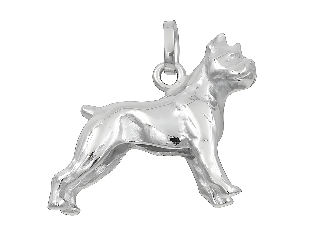 Hängender Hund in Form eines Boxers aus rhodiniertem Sterling Silber vom Juwelier Harnisch, ideal für Tierliebhaber und Schmuckenthusiasten.